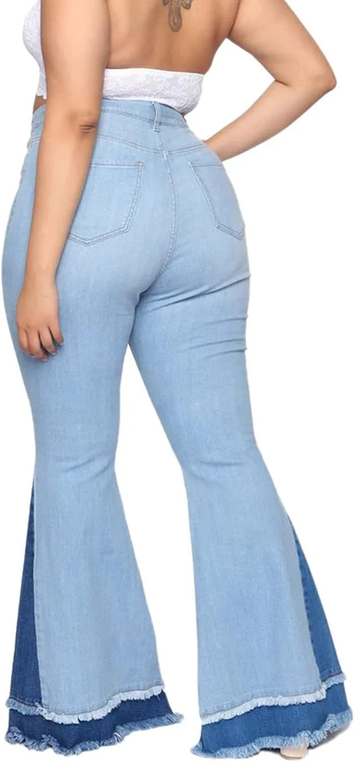 Maiyifu-GJ Women's Patchwork Ripped Flare Jeans Retro High Waisted Bell Bottom Denim Pants Destroyed Raw Hem Jean Trousers