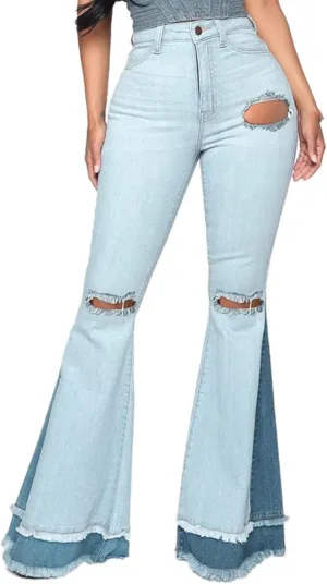 Maiyifu-GJ Women's Patchwork Ripped Flare Jeans Retro High Waisted Bell Bottom Denim Pants Destroyed Raw Hem Jean Trousers