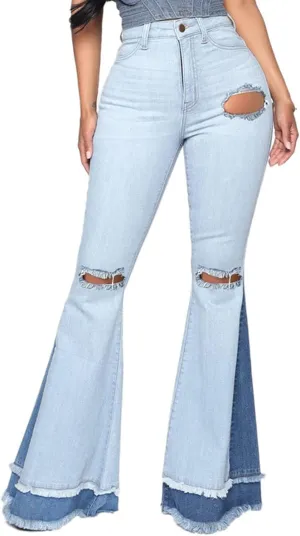 Maiyifu-GJ Women's Patchwork Ripped Flare Jeans Retro High Waisted Bell Bottom Denim Pants Destroyed Raw Hem Jean Trousers