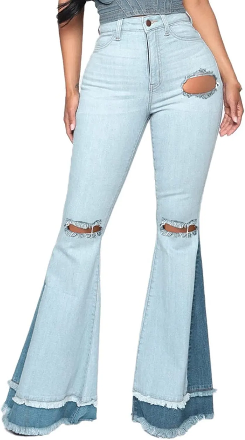 Maiyifu-GJ Women's Patchwork Ripped Flare Jeans Retro High Waisted Bell Bottom Denim Pants Destroyed Raw Hem Jean Trousers