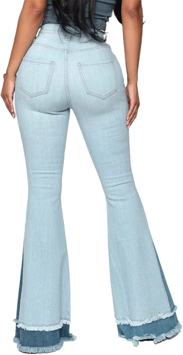 Maiyifu-GJ Women's Patchwork Ripped Flare Jeans Retro High Waisted Bell Bottom Denim Pants Destroyed Raw Hem Jean Trousers