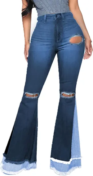 Maiyifu-GJ Women's Patchwork Ripped Flare Jeans Retro High Waisted Bell Bottom Denim Pants Destroyed Raw Hem Jean Trousers