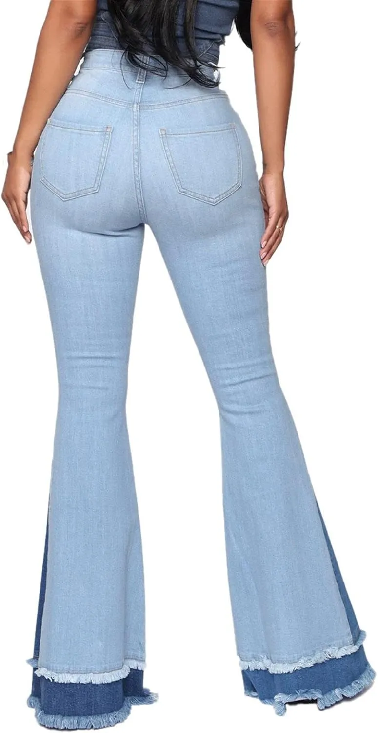 Maiyifu-GJ Women's Patchwork Ripped Flare Jeans Retro High Waisted Bell Bottom Denim Pants Destroyed Raw Hem Jean Trousers