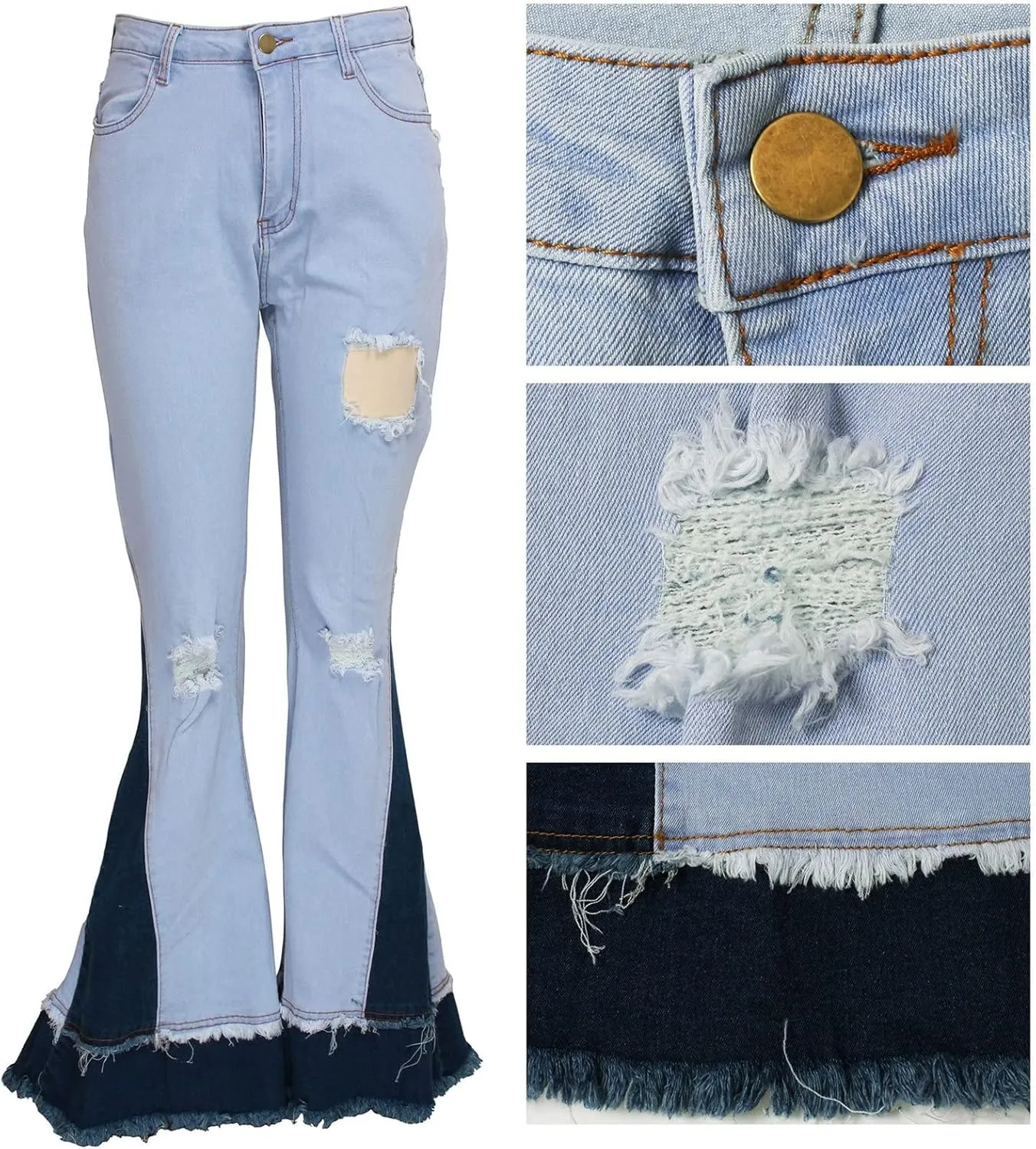 Maiyifu-GJ Women's Patchwork Ripped Flare Jeans Retro High Waisted Bell Bottom Denim Pants Destroyed Raw Hem Jean Trousers