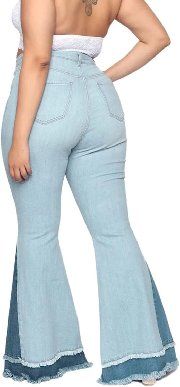 Maiyifu-GJ Women's Patchwork Ripped Flare Jeans Retro High Waisted Bell Bottom Denim Pants Destroyed Raw Hem Jean Trousers