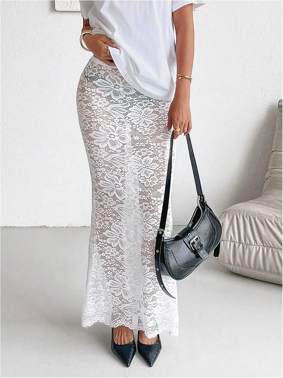 MakeMeChic Women's Floral Lace Sheer Maxi Skirt Bodycon Party Long Skirts