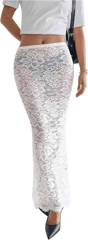 MakeMeChic Women's Floral Lace Sheer Maxi Skirt Bodycon Party Long Skirts