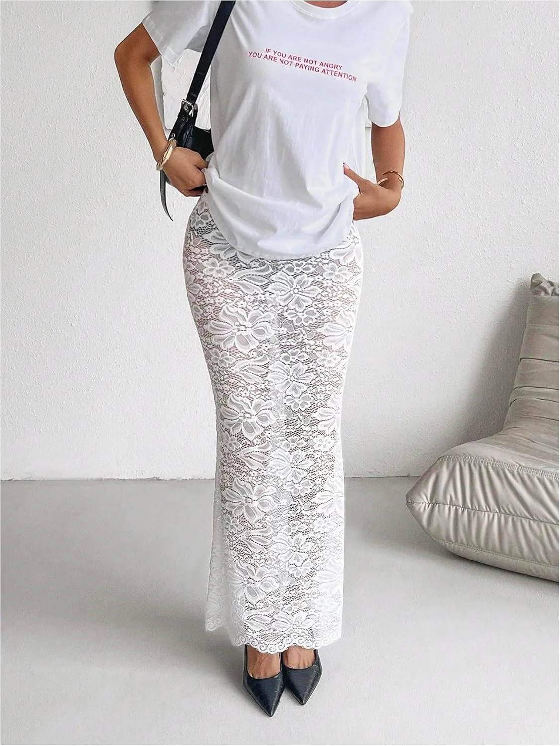 MakeMeChic Women's Floral Lace Sheer Maxi Skirt Bodycon Party Long Skirts
