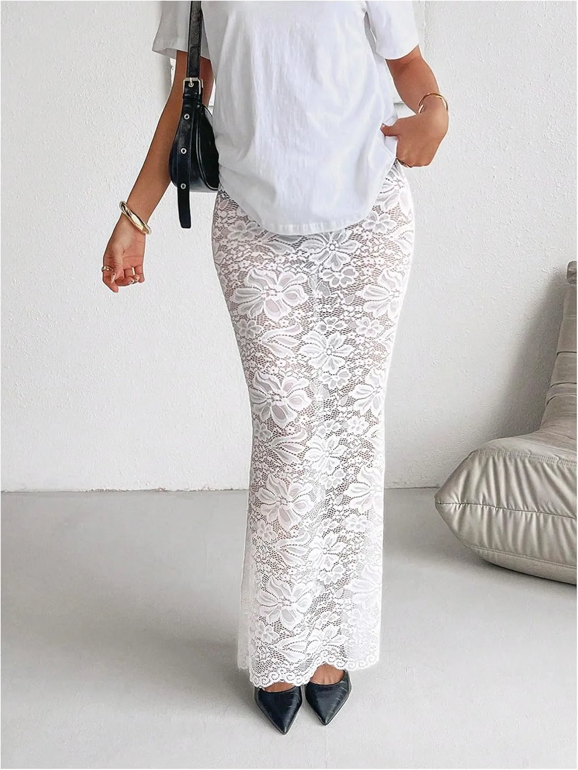 MakeMeChic Women's Floral Lace Sheer Maxi Skirt Bodycon Party Long Skirts