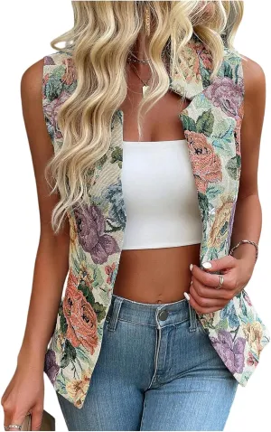 MakeMeChic Women's Floral Vest Tops Sleeveless Single Breasted Summer Boho Vests Outerwear