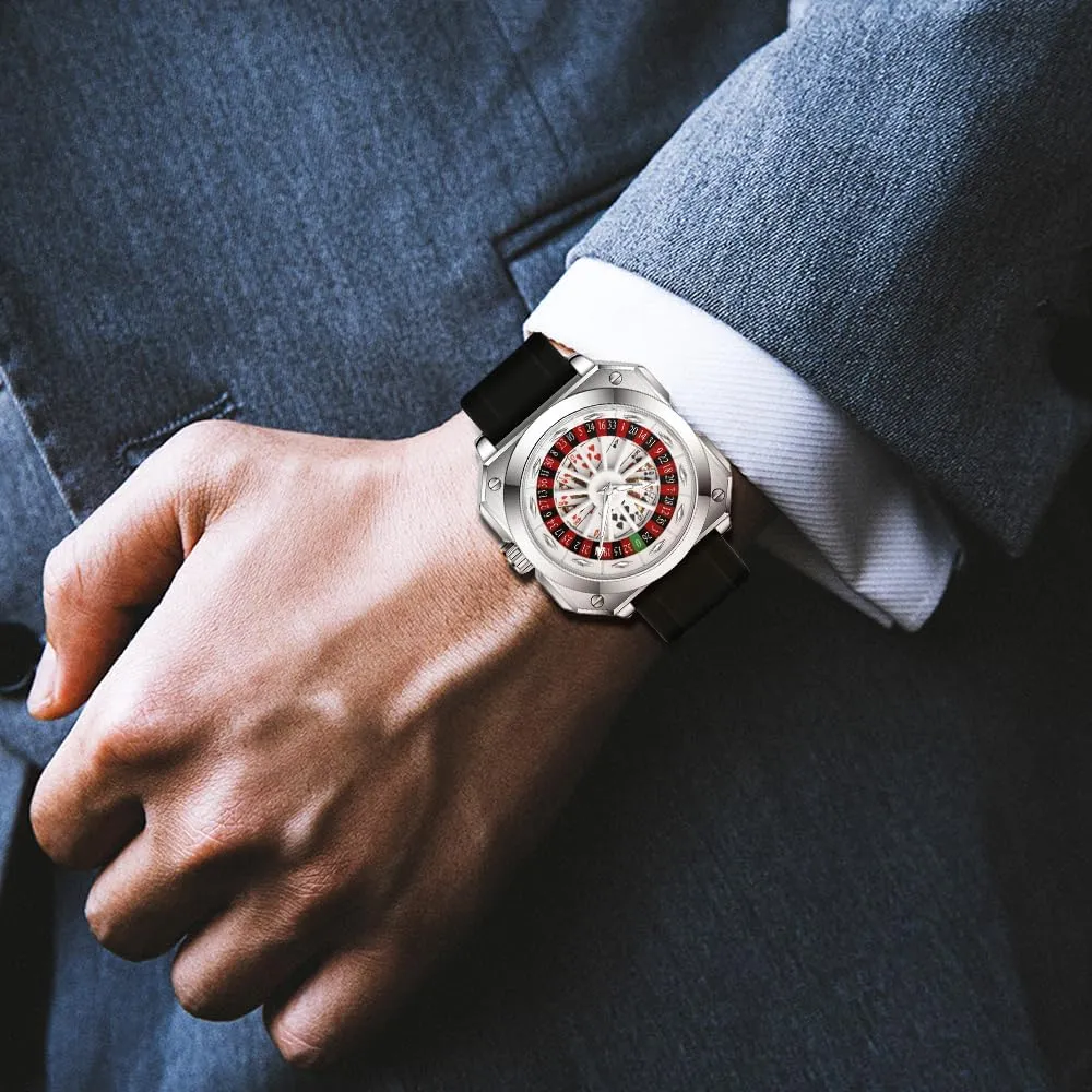 MASTOP Roulette Wheel Mens Watches Gambling Rotating Dial Poker Square Silicone Rubber Strap Unique Watch Creative Eye Catching Cool Mens Business Watches