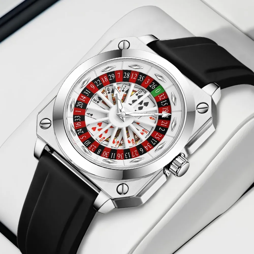 MASTOP Roulette Wheel Mens Watches Gambling Rotating Dial Poker Square Silicone Rubber Strap Unique Watch Creative Eye Catching Cool Mens Business Watches