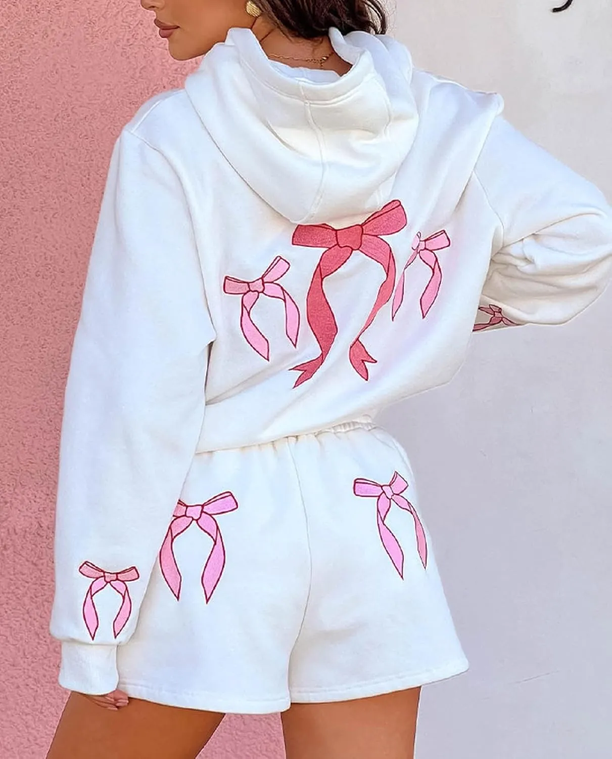Matching Sweat Set for Women Teen Girl 2 Piece Bow Print Long Sleeve Oversized Hoodie Wide Leg Shorts Tracksuit