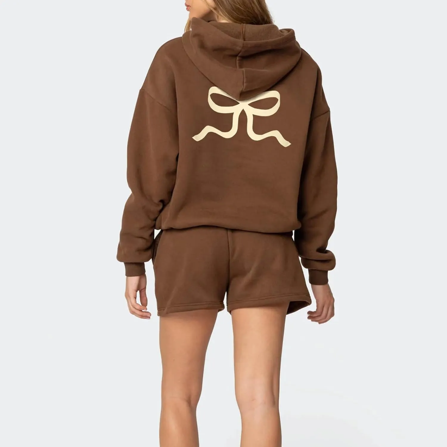 Matching Sweat Set for Women Teen Girl 2 Piece Bow Print Long Sleeve Oversized Hoodie Wide Leg Shorts Tracksuit
