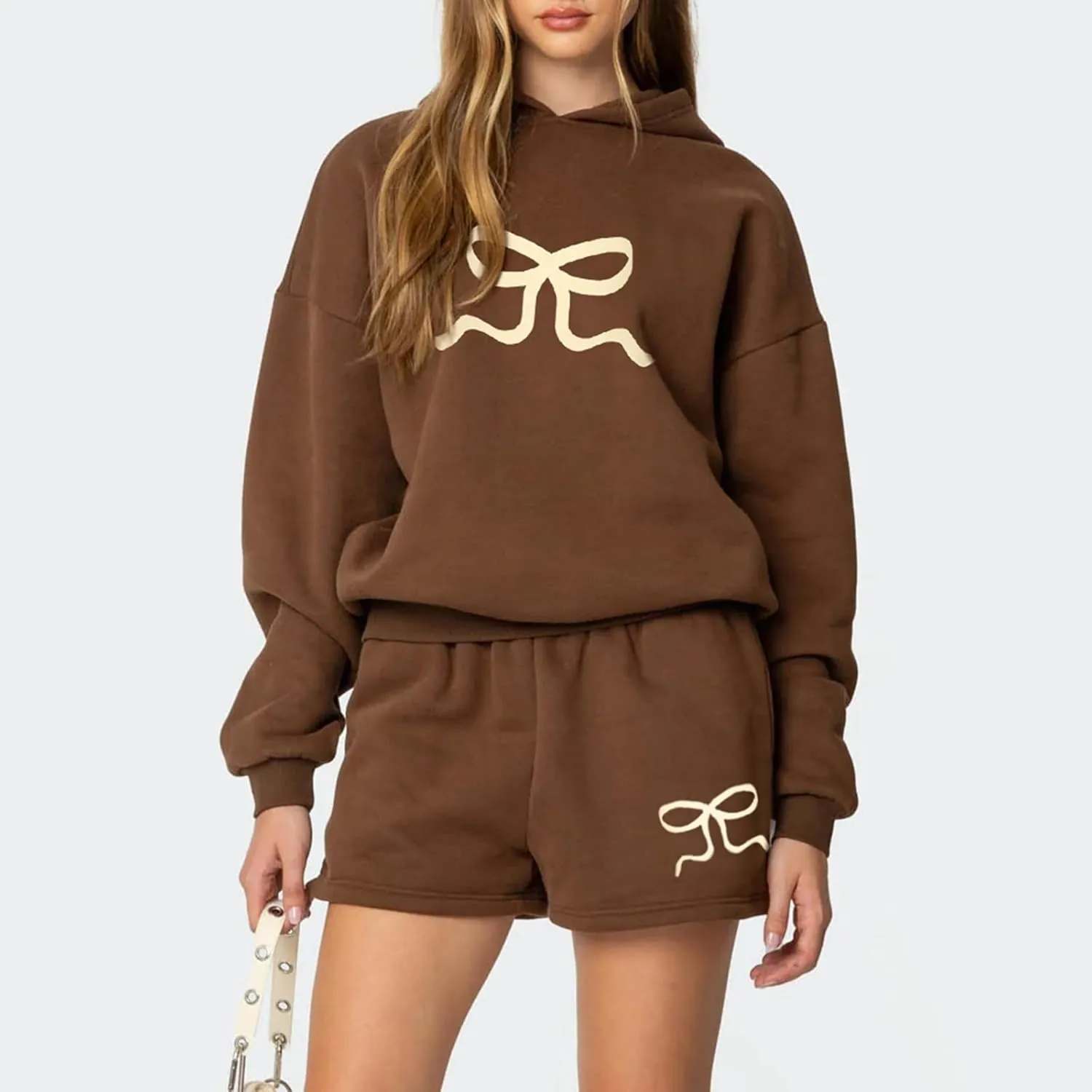 Matching Sweat Set for Women Teen Girl 2 Piece Bow Print Long Sleeve Oversized Hoodie Wide Leg Shorts Tracksuit