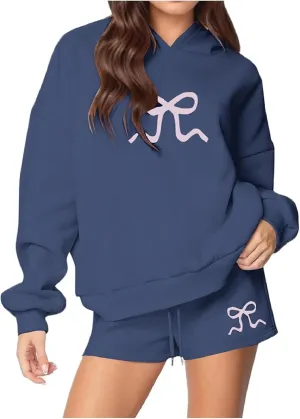 Matching Sweat Set for Women Teen Girl 2 Piece Bow Print Long Sleeve Oversized Hoodie Wide Leg Shorts Tracksuit