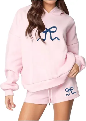 Matching Sweat Set for Women Teen Girl 2 Piece Bow Print Long Sleeve Oversized Hoodie Wide Leg Shorts Tracksuit