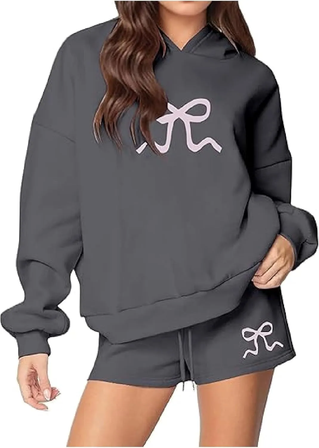 Matching Sweat Set for Women Teen Girl 2 Piece Bow Print Long Sleeve Oversized Hoodie Wide Leg Shorts Tracksuit