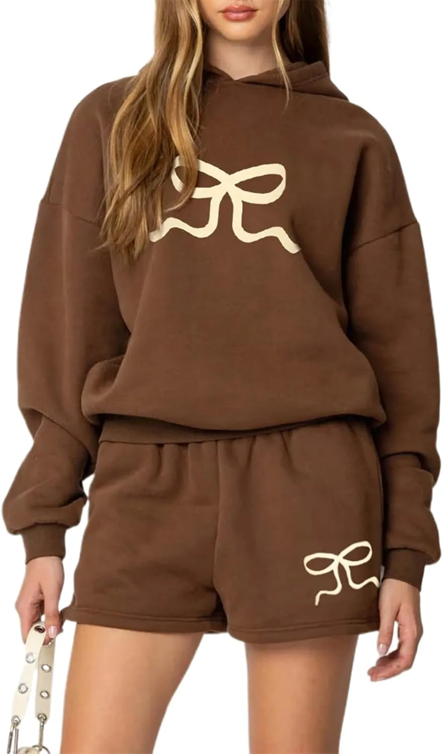 Matching Sweat Set for Women Teen Girl 2 Piece Bow Print Long Sleeve Oversized Hoodie Wide Leg Shorts Tracksuit