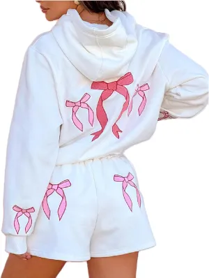 Matching Sweat Set for Women Teen Girl 2 Piece Bow Print Long Sleeve Oversized Hoodie Wide Leg Shorts Tracksuit