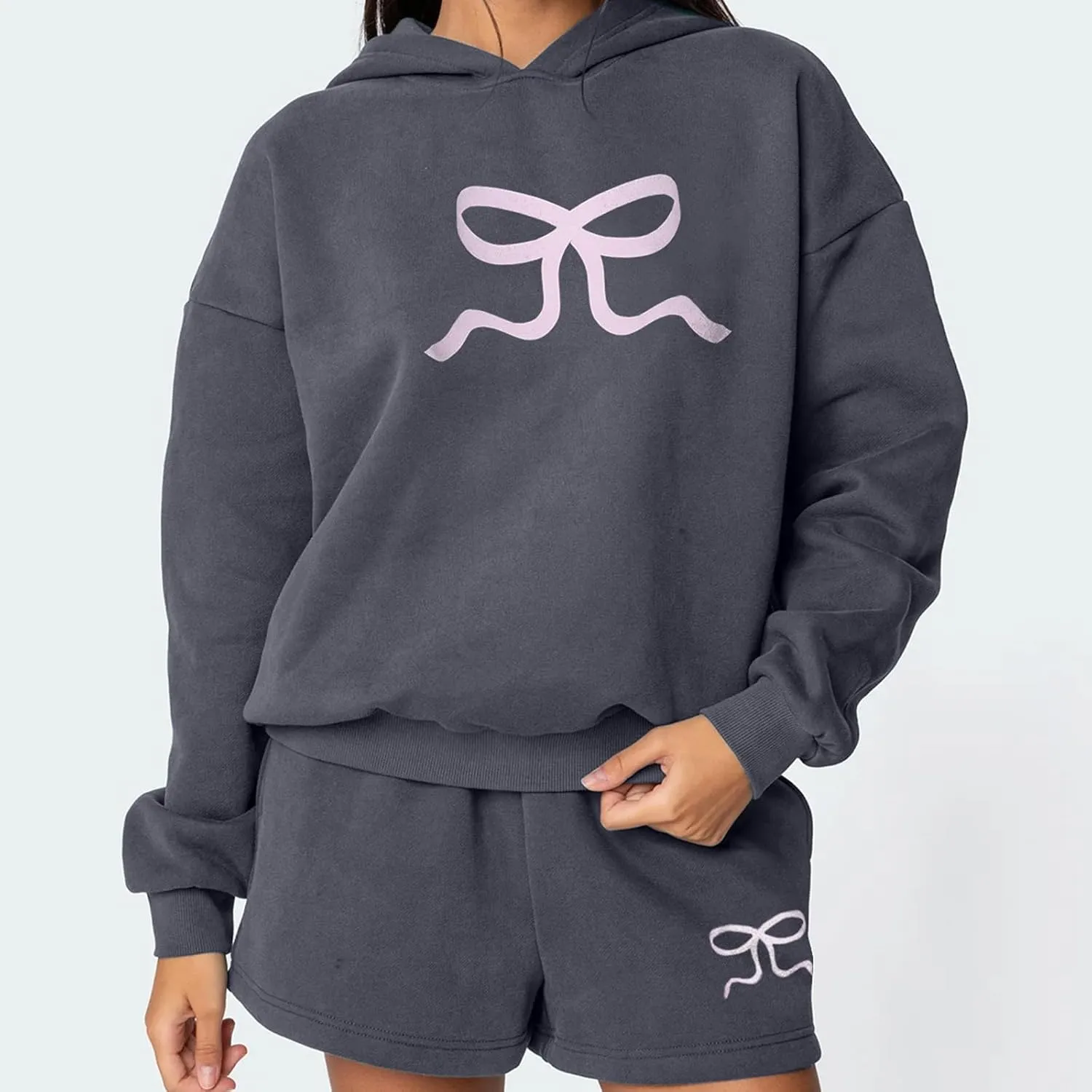 Matching Sweat Set for Women Teen Girl 2 Piece Bow Print Long Sleeve Oversized Hoodie Wide Leg Shorts Tracksuit