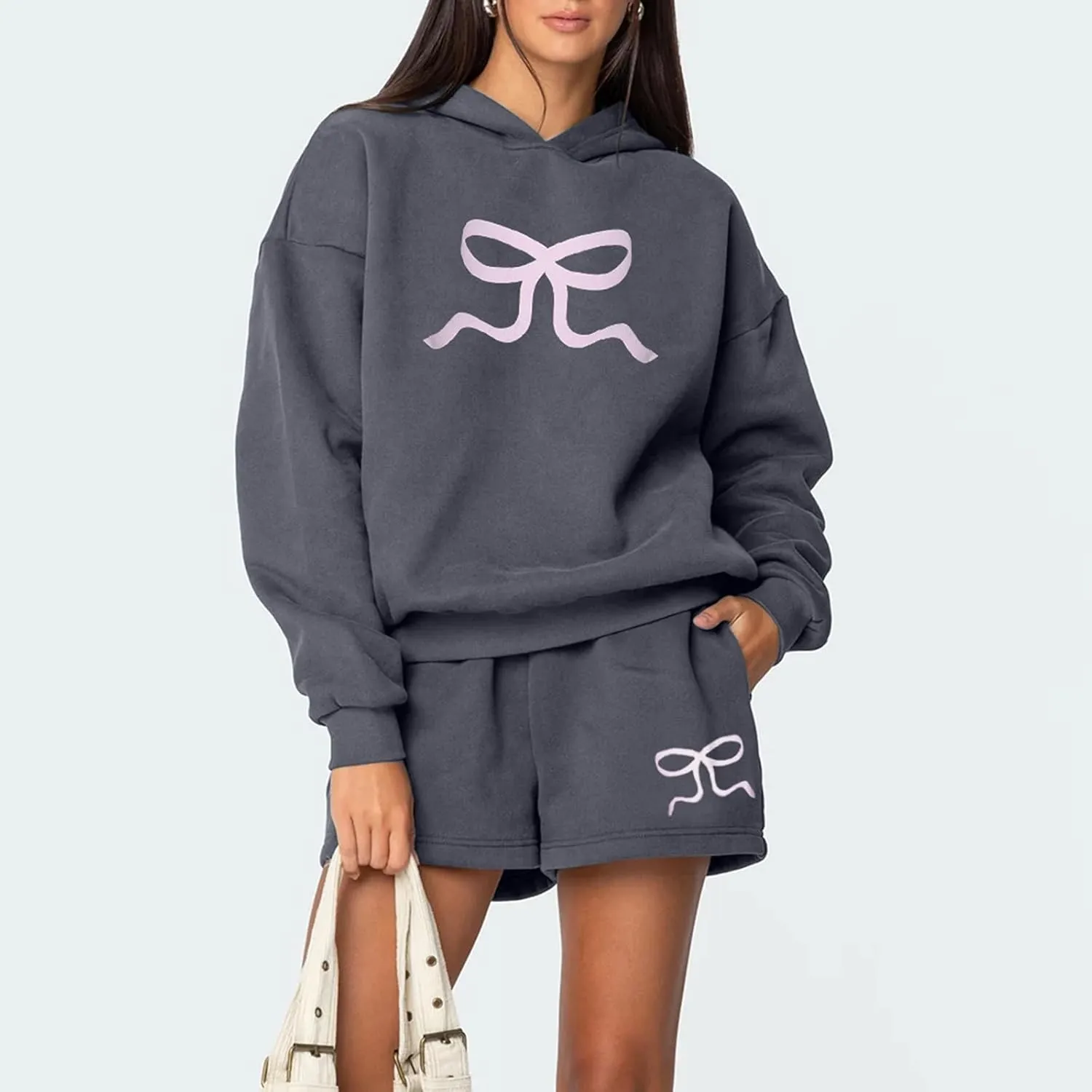 Matching Sweat Set for Women Teen Girl 2 Piece Bow Print Long Sleeve Oversized Hoodie Wide Leg Shorts Tracksuit