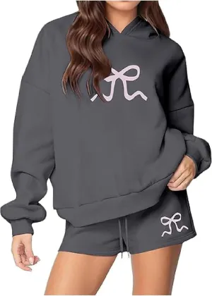 Matching Sweat Set for Women Teen Girl 2 Piece Bow Print Long Sleeve Oversized Hoodie Wide Leg Shorts Tracksuit
