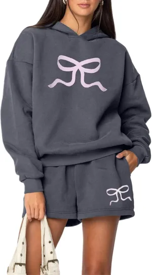 Matching Sweat Set for Women Teen Girl 2 Piece Bow Print Long Sleeve Oversized Hoodie Wide Leg Shorts Tracksuit