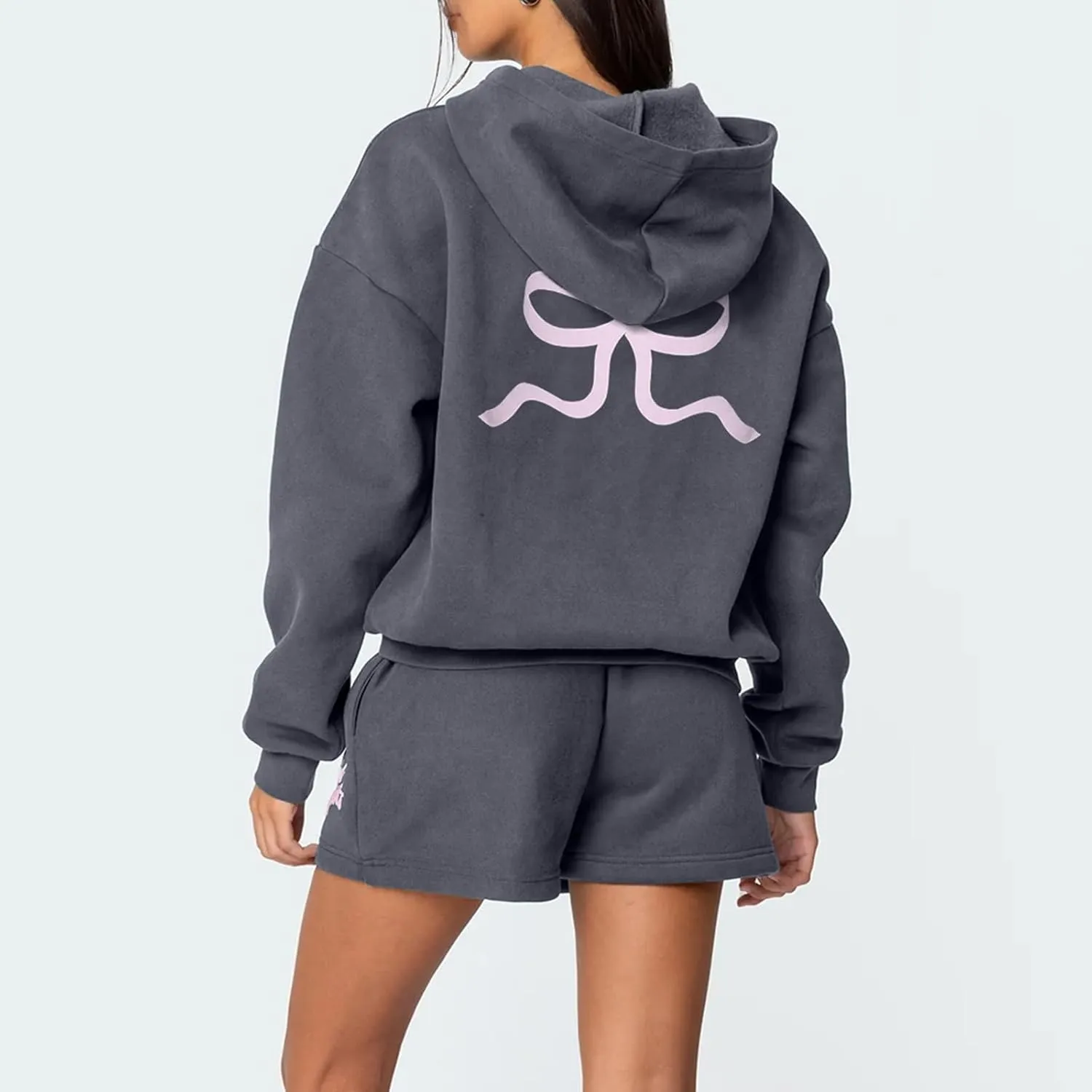 Matching Sweat Set for Women Teen Girl 2 Piece Bow Print Long Sleeve Oversized Hoodie Wide Leg Shorts Tracksuit
