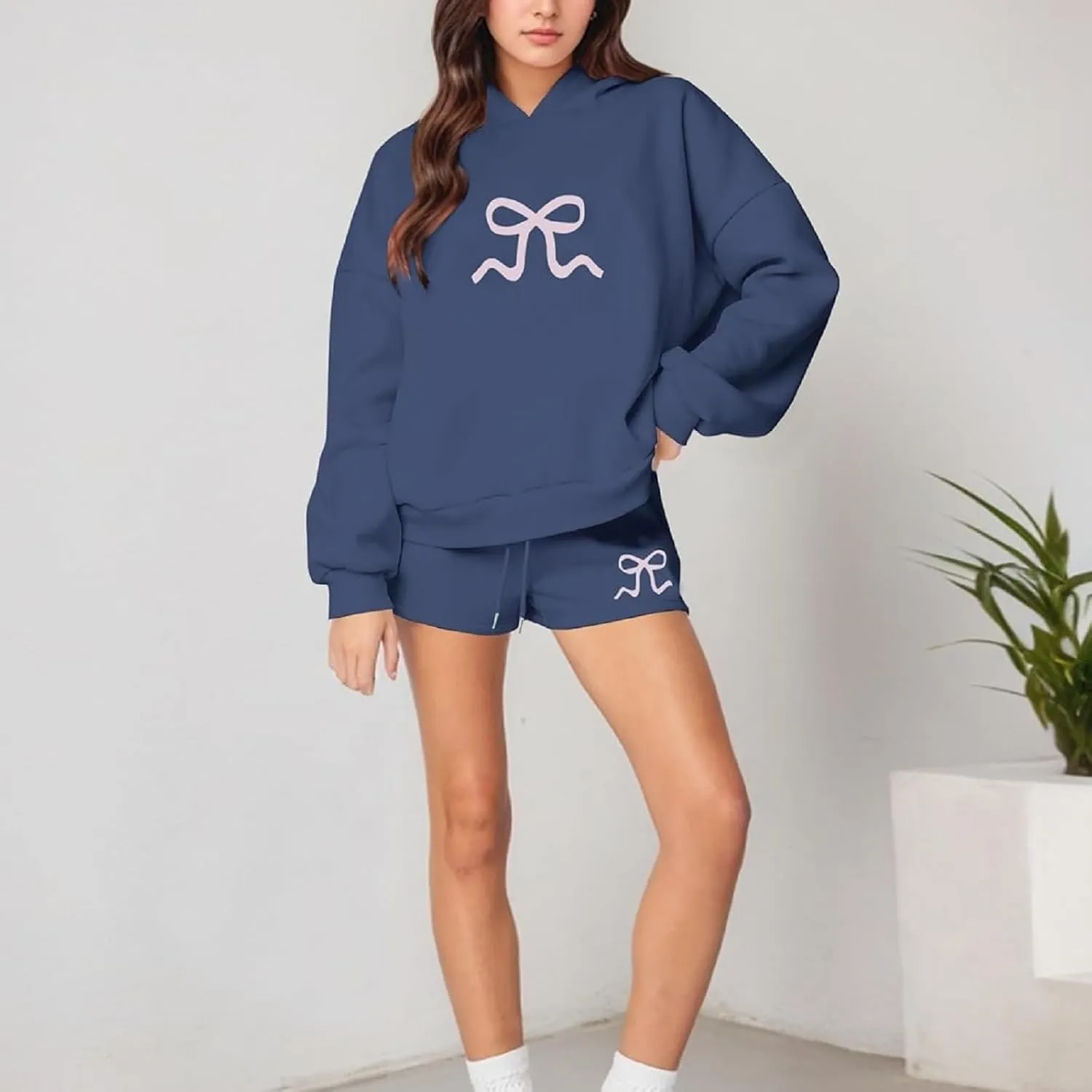 Matching Sweat Set for Women Teen Girl 2 Piece Bow Print Long Sleeve Oversized Hoodie Wide Leg Shorts Tracksuit
