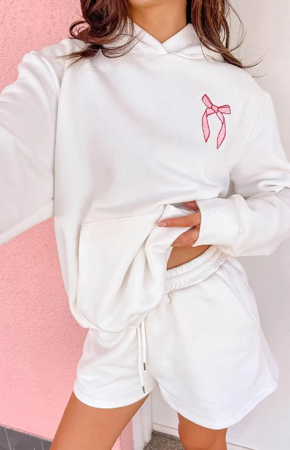Matching Sweat Set for Women Teen Girl 2 Piece Bow Print Long Sleeve Oversized Hoodie Wide Leg Shorts Tracksuit