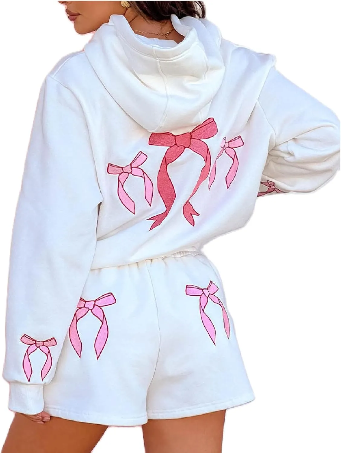 Matching Sweat Set for Women Teen Girl 2 Piece Bow Print Long Sleeve Oversized Hoodie Wide Leg Shorts Tracksuit