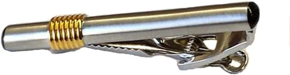 Matte Silver Finish Tube Tie Bar with Jet Black End Caps and Gold Tone Accent