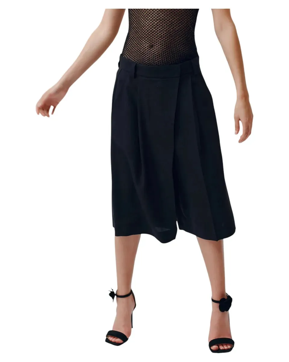 Maxi Bermuda in Lino e Viscosa Stretch Nero