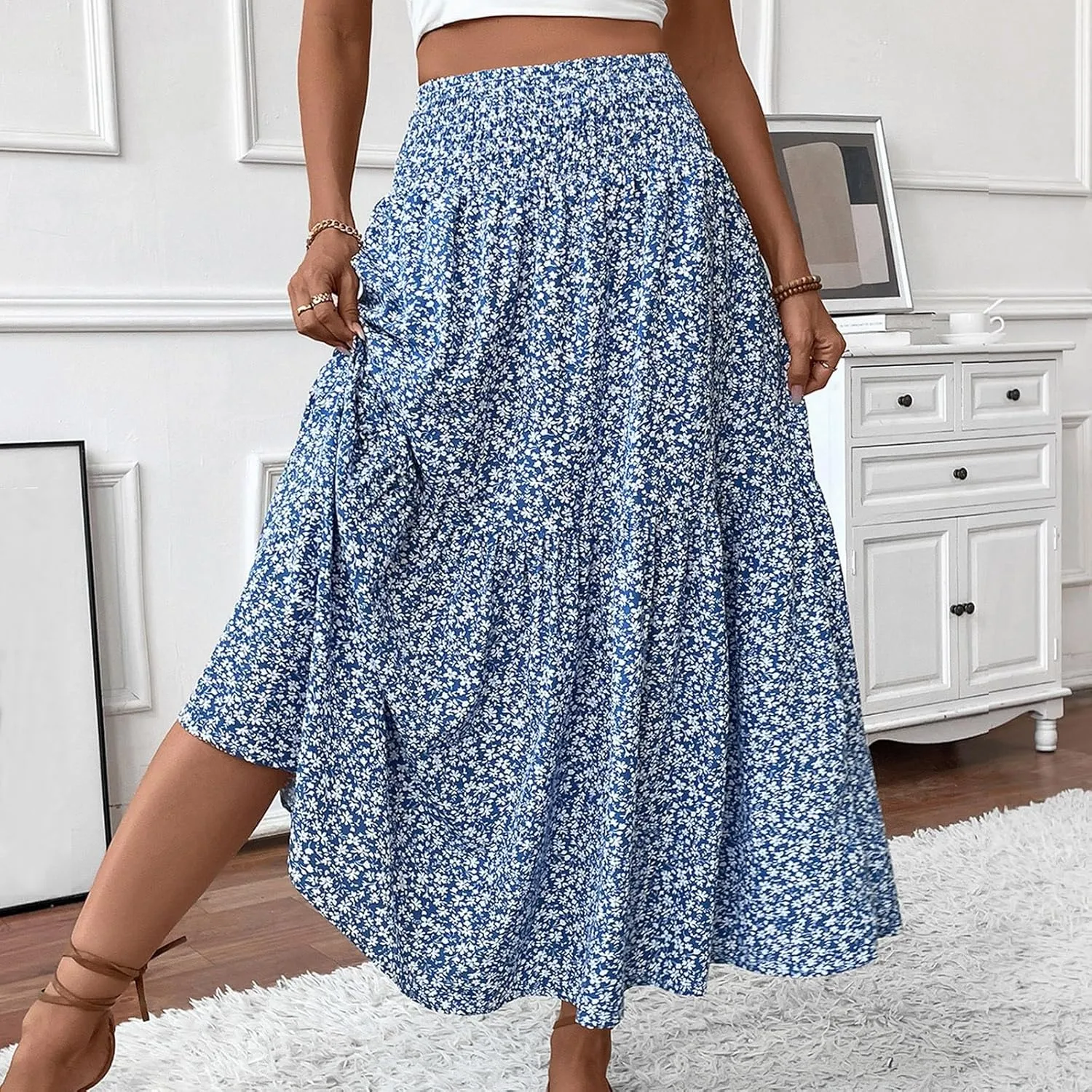 Maxi Skirts for Women,Flowy Long Skirts 2025 Trendy Pleated High Waisted Womens Boho Maxi Skirt with Pockets