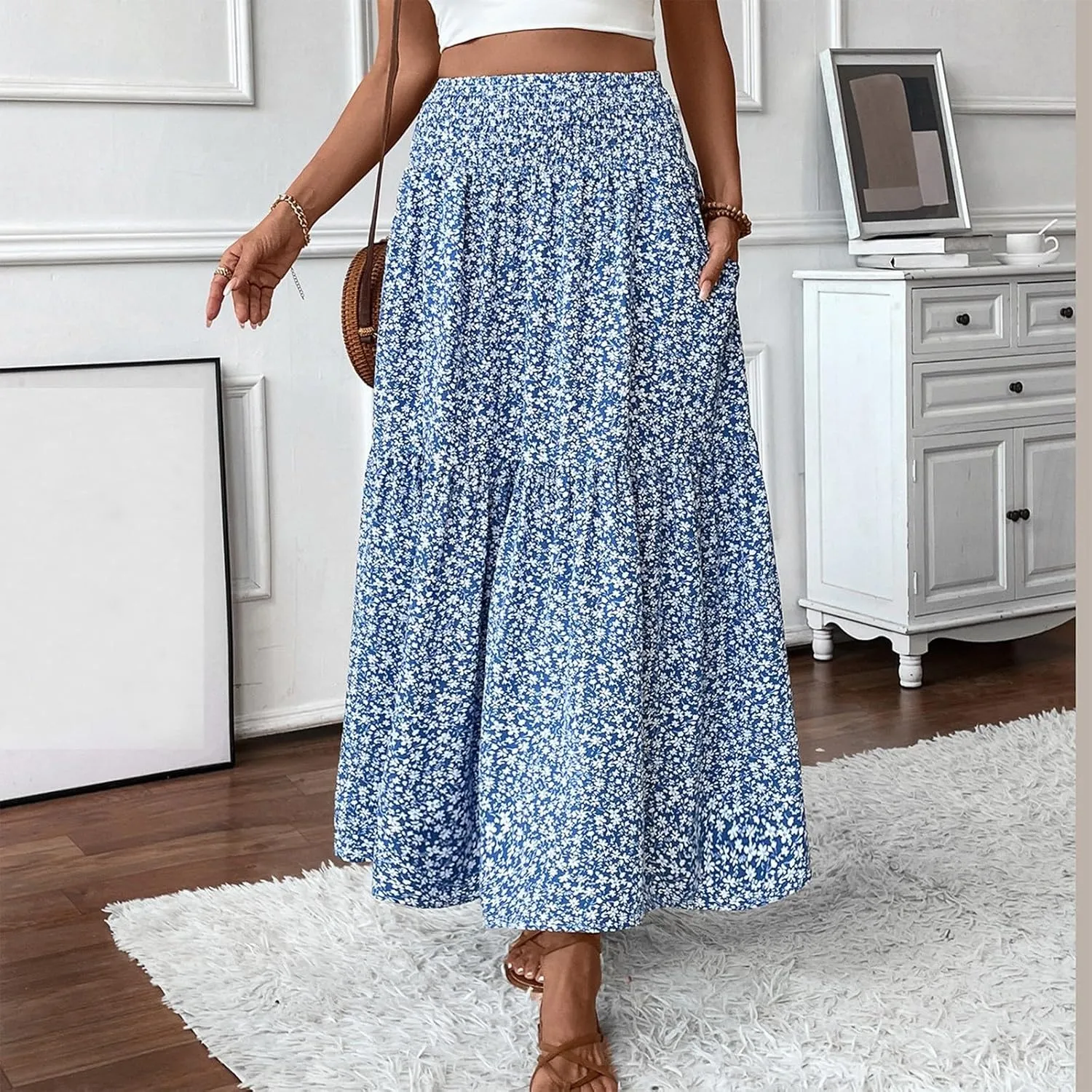 Maxi Skirts for Women,Flowy Long Skirts 2025 Trendy Pleated High Waisted Womens Boho Maxi Skirt with Pockets