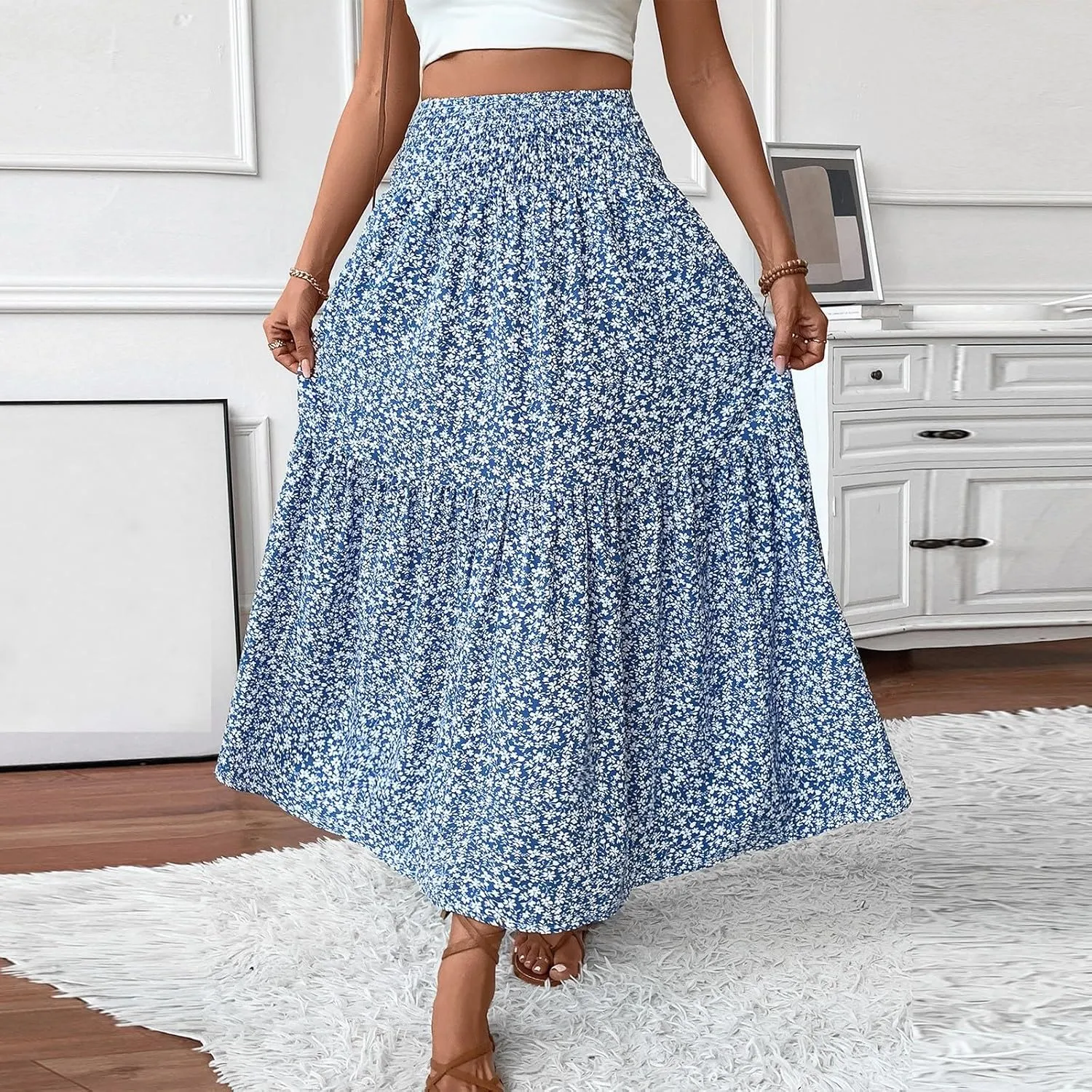 Maxi Skirts for Women,Flowy Long Skirts 2025 Trendy Pleated High Waisted Womens Boho Maxi Skirt with Pockets