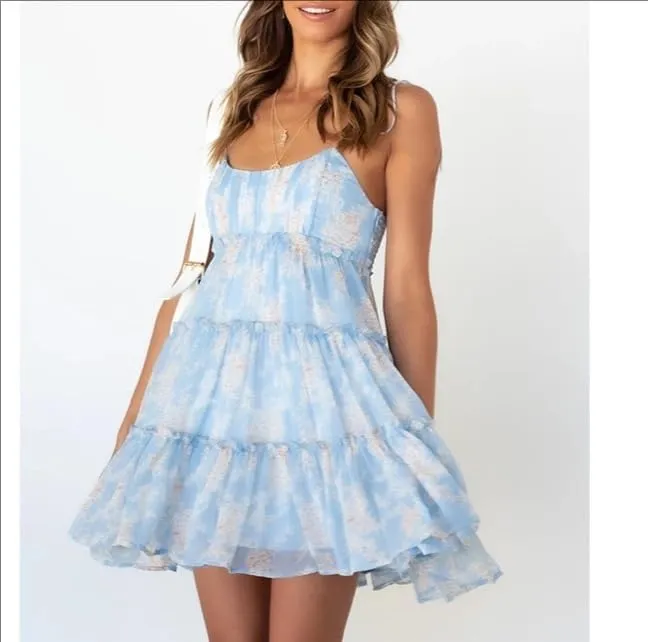 Melliflo Women's Mini Dress Floral Print Strap Tiered Ruffle Hem Scoop Neck Boho Short Dress