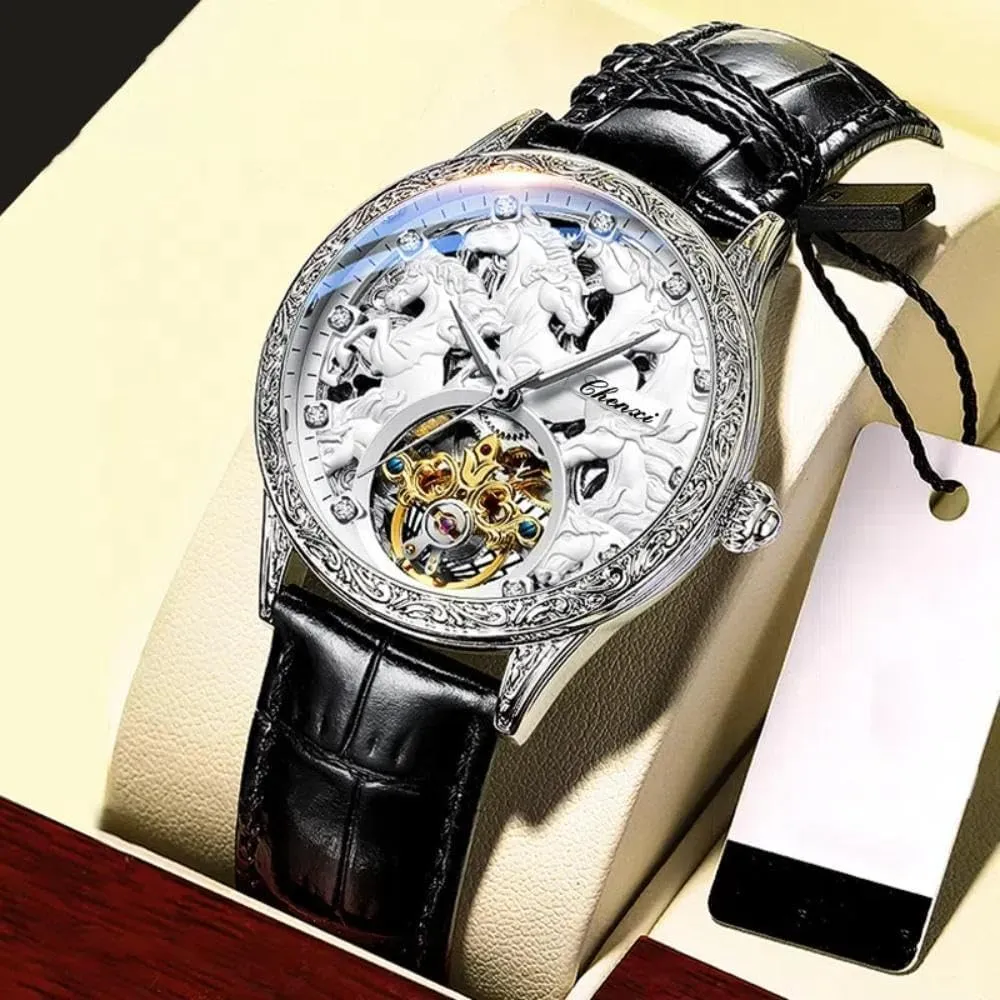 Men Fashion Design Horse Watches Leather Strap Automatic Mechanical Watches Men Luxury Tourbillon Wristwatches