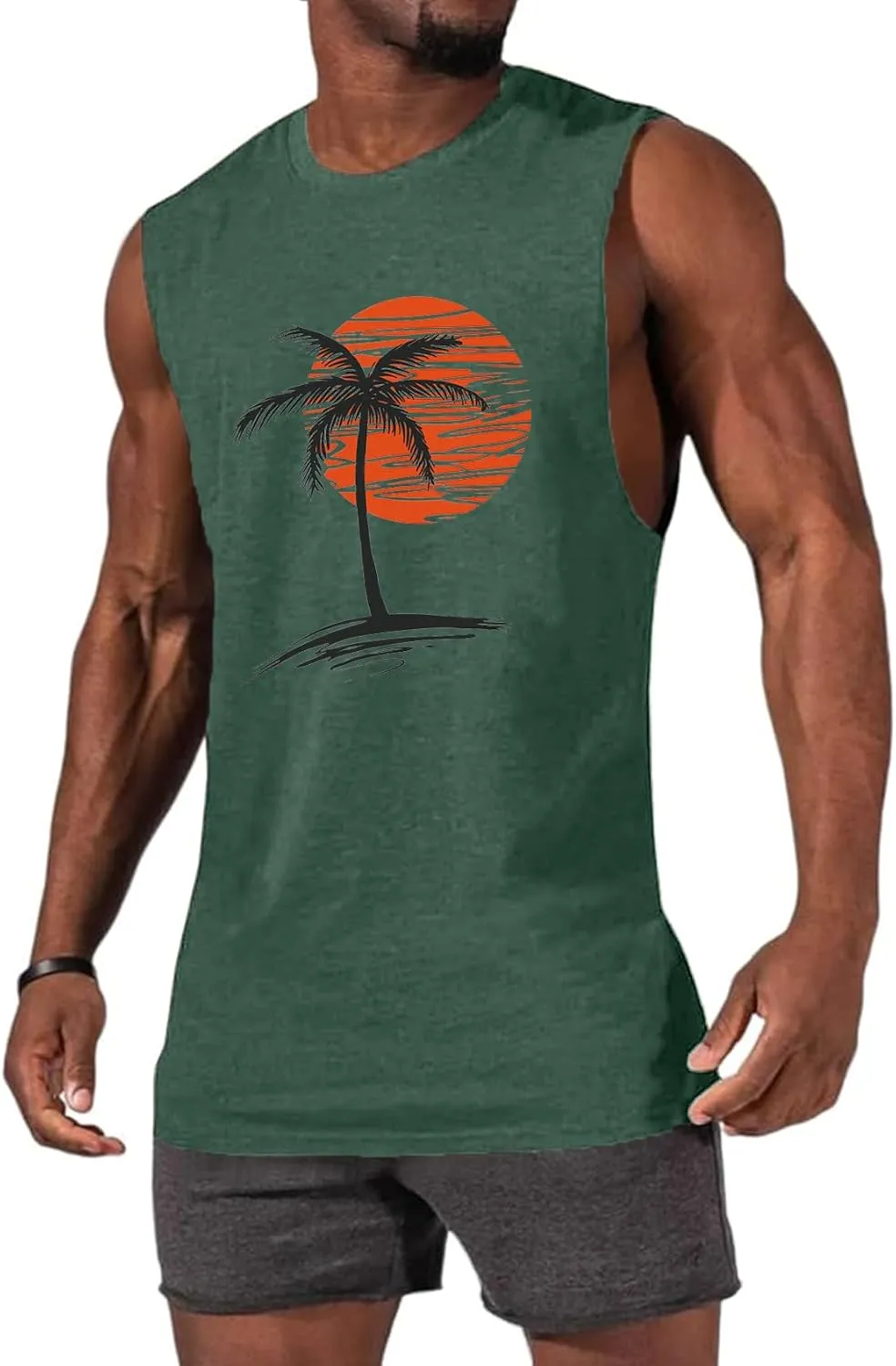 Men Summer Beach Tank Tops Hawaiian Palm Tree Sleeveless Shirts T Shirt Graphic Muscle Gym Vacation Tee Top