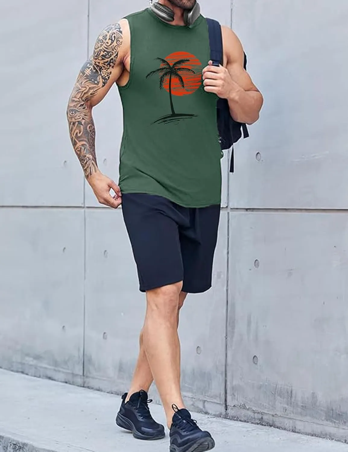 Men Summer Beach Tank Tops Hawaiian Palm Tree Sleeveless Shirts T Shirt Graphic Muscle Gym Vacation Tee Top