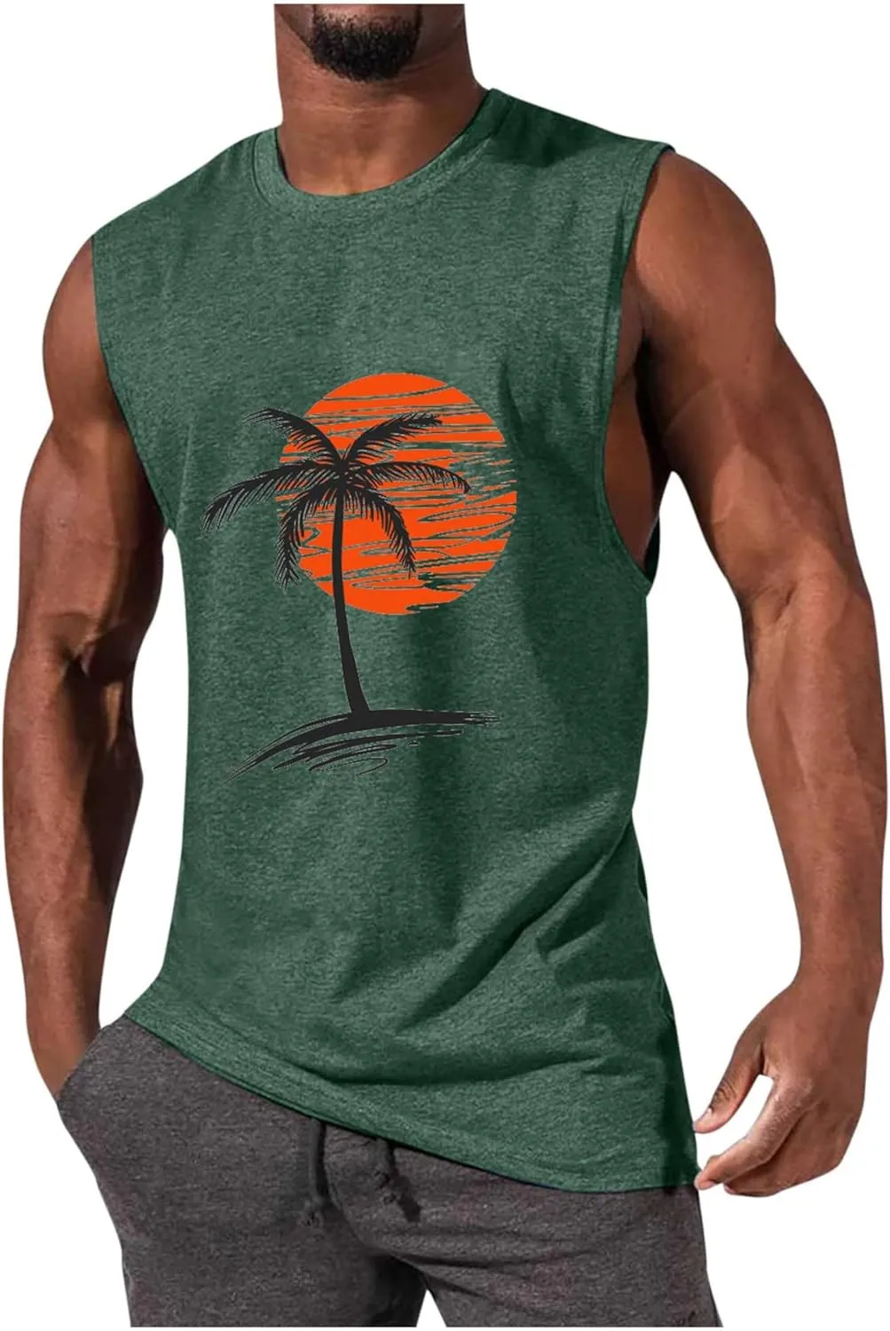 Men Summer Beach Tank Tops Hawaiian Palm Tree Sleeveless Shirts T Shirt Graphic Muscle Gym Vacation Tee Top