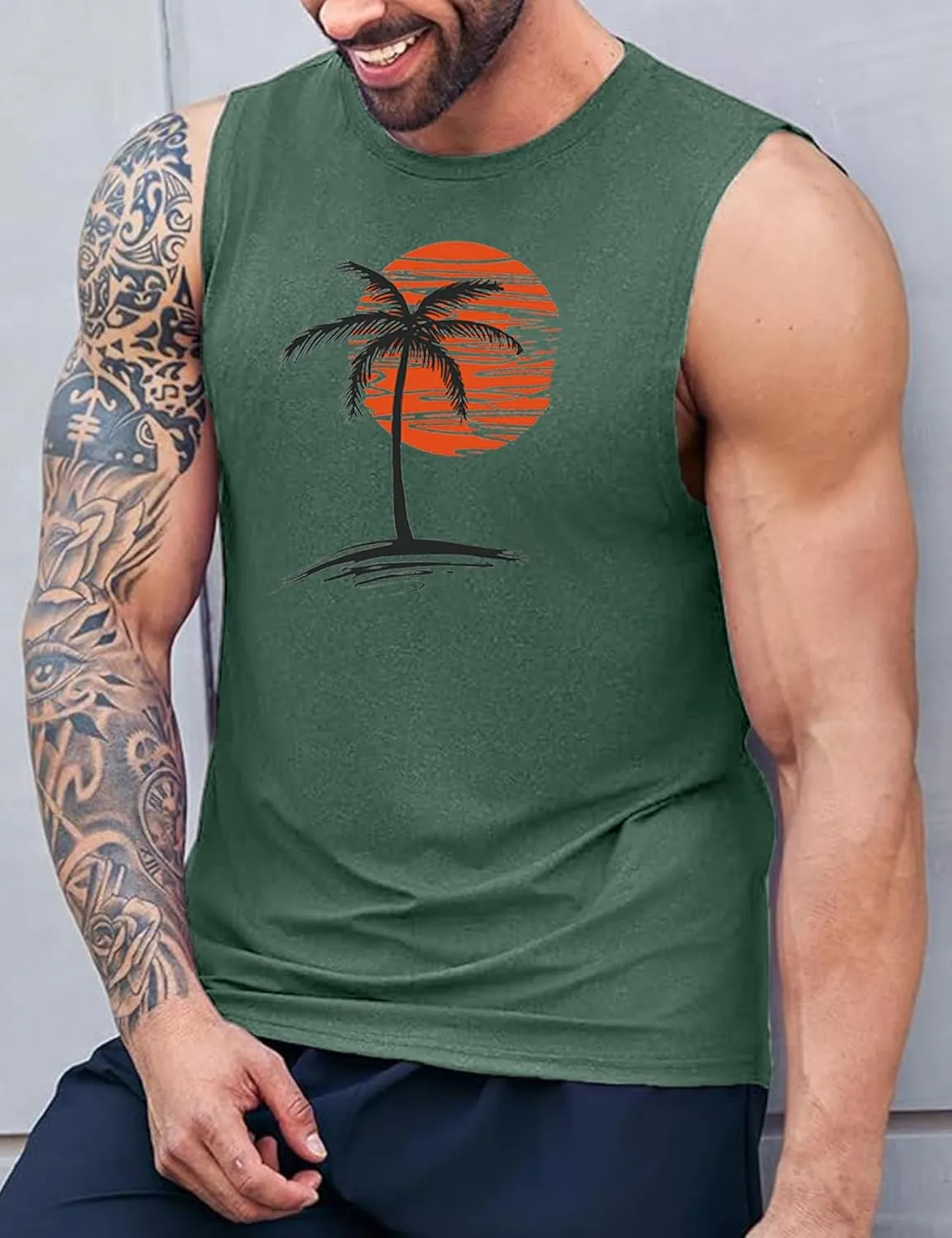 Men Summer Beach Tank Tops Hawaiian Palm Tree Sleeveless Shirts T Shirt Graphic Muscle Gym Vacation Tee Top