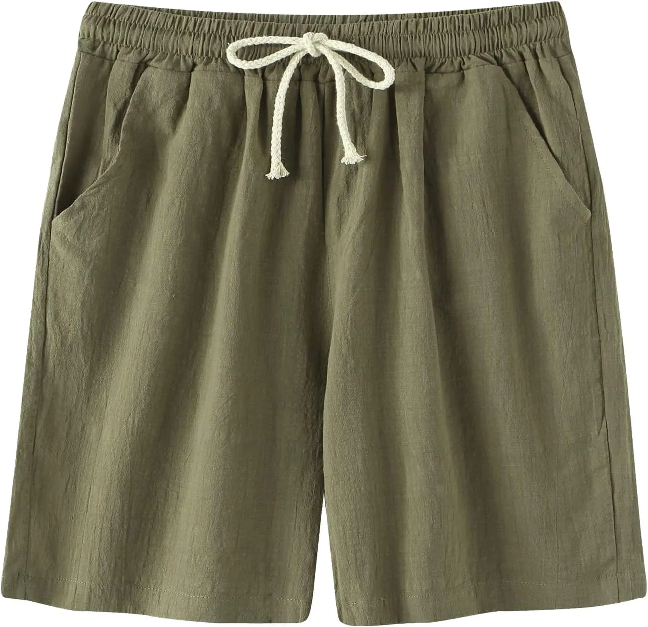 Mens Cotton Linen Bermuda Shorts Casual Slim Fit Elastic Waist Board Shorts with Pockets Lightweight Athletic Workout Shorts
