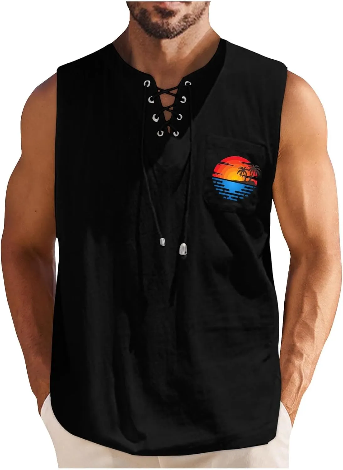 Men's Cotton Linen Tank Top Shirts Casual Sleeveless Lace Up Beach Hippie Tops Palm Tree Renaissance Pirate Tunic