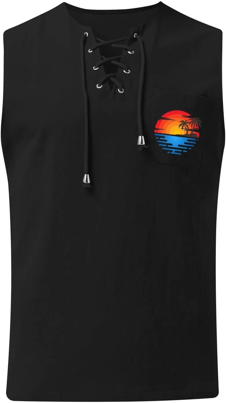 Men's Cotton Linen Tank Top Shirts Casual Sleeveless Lace Up Beach Hippie Tops Palm Tree Renaissance Pirate Tunic
