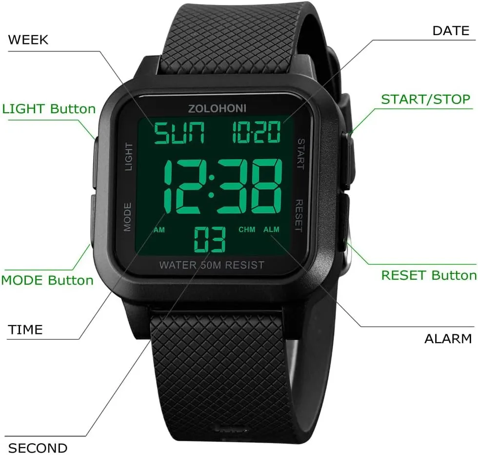 Mens Digital Watch for Men, Stainless Steel Square Watches, Mens Wrist Watches Waterproof Large Face Dual Time Date Watch