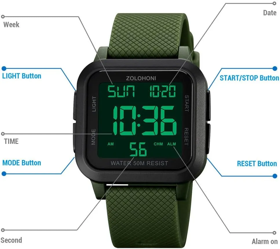 Mens Digital Watch for Men, Stainless Steel Square Watches, Mens Wrist Watches Waterproof Large Face Dual Time Date Watch