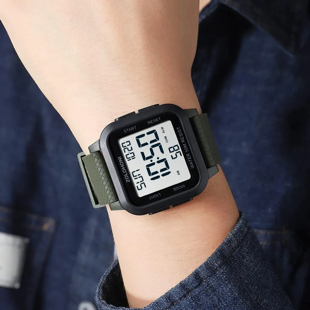 Mens Digital Watch for Men, Stainless Steel Square Watches, Mens Wrist Watches Waterproof Large Face Dual Time Date Watch
