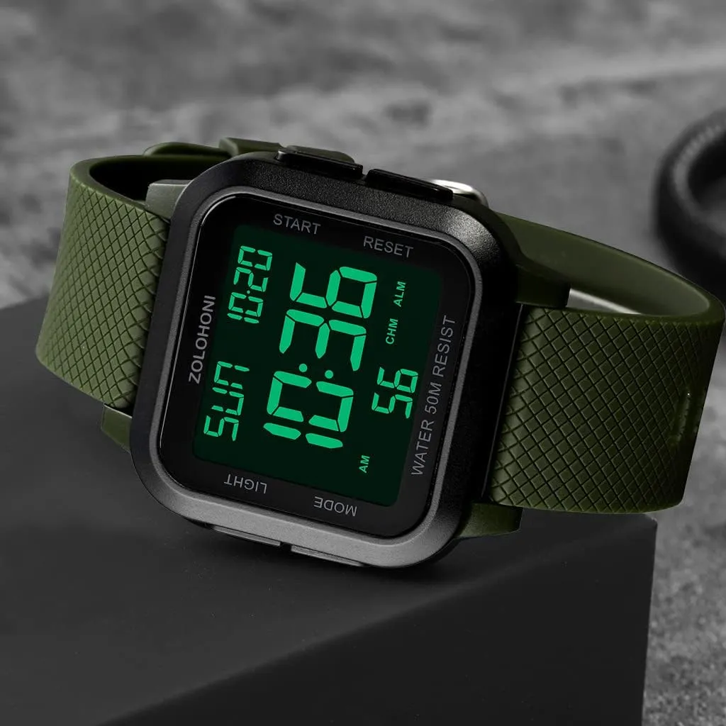 Mens Digital Watch for Men, Stainless Steel Square Watches, Mens Wrist Watches Waterproof Large Face Dual Time Date Watch